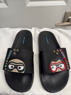 Dolce & Gabbana Black Slide Sandals with Multicolor Patch Details